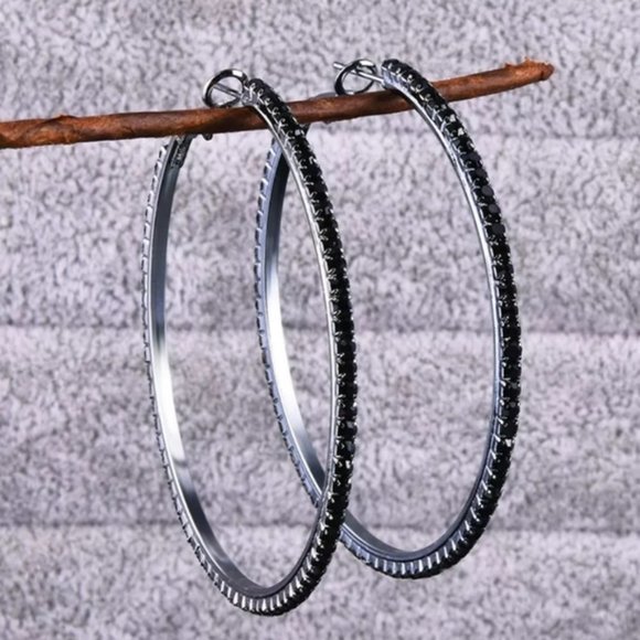 *Black Gold Black Sapphire 2.25'' Hoop Earrings - Picture 2 of 7